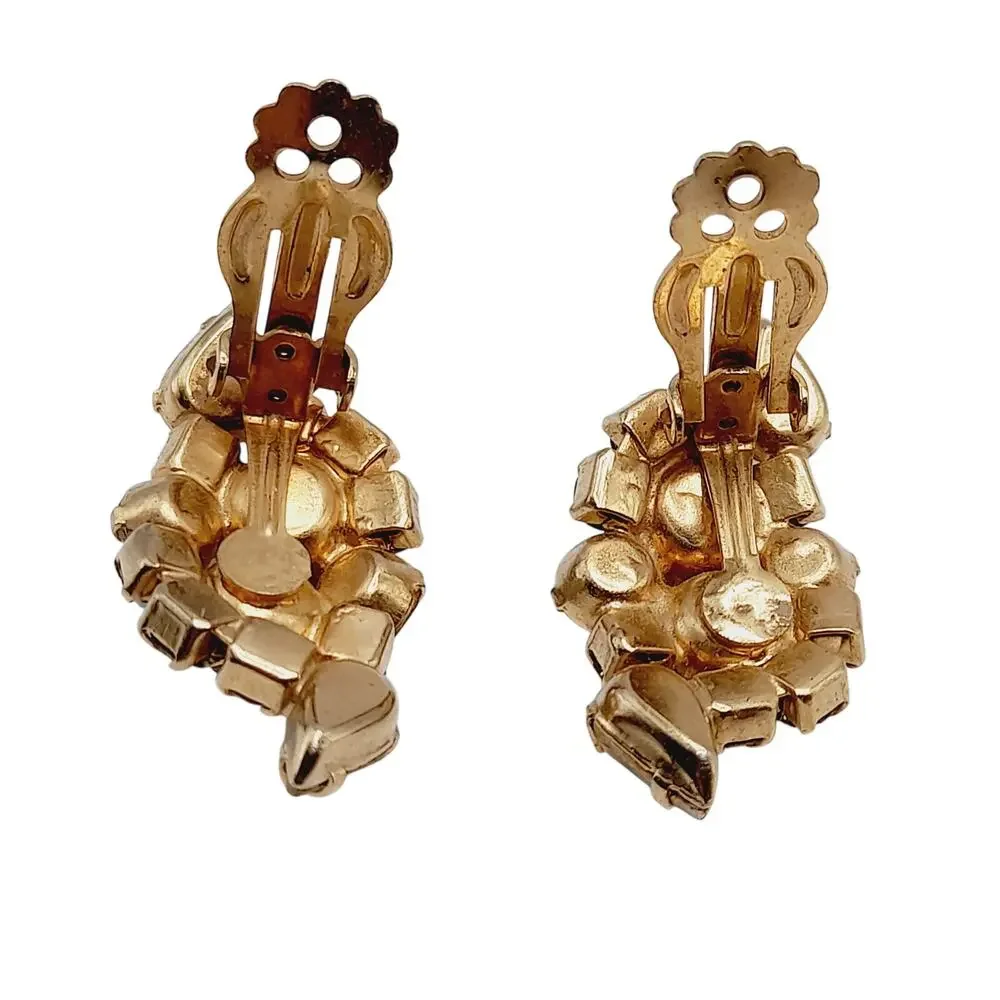 Vintage 1960s Aurora Borealis Rhinestone Clip Earrings Gold Tone